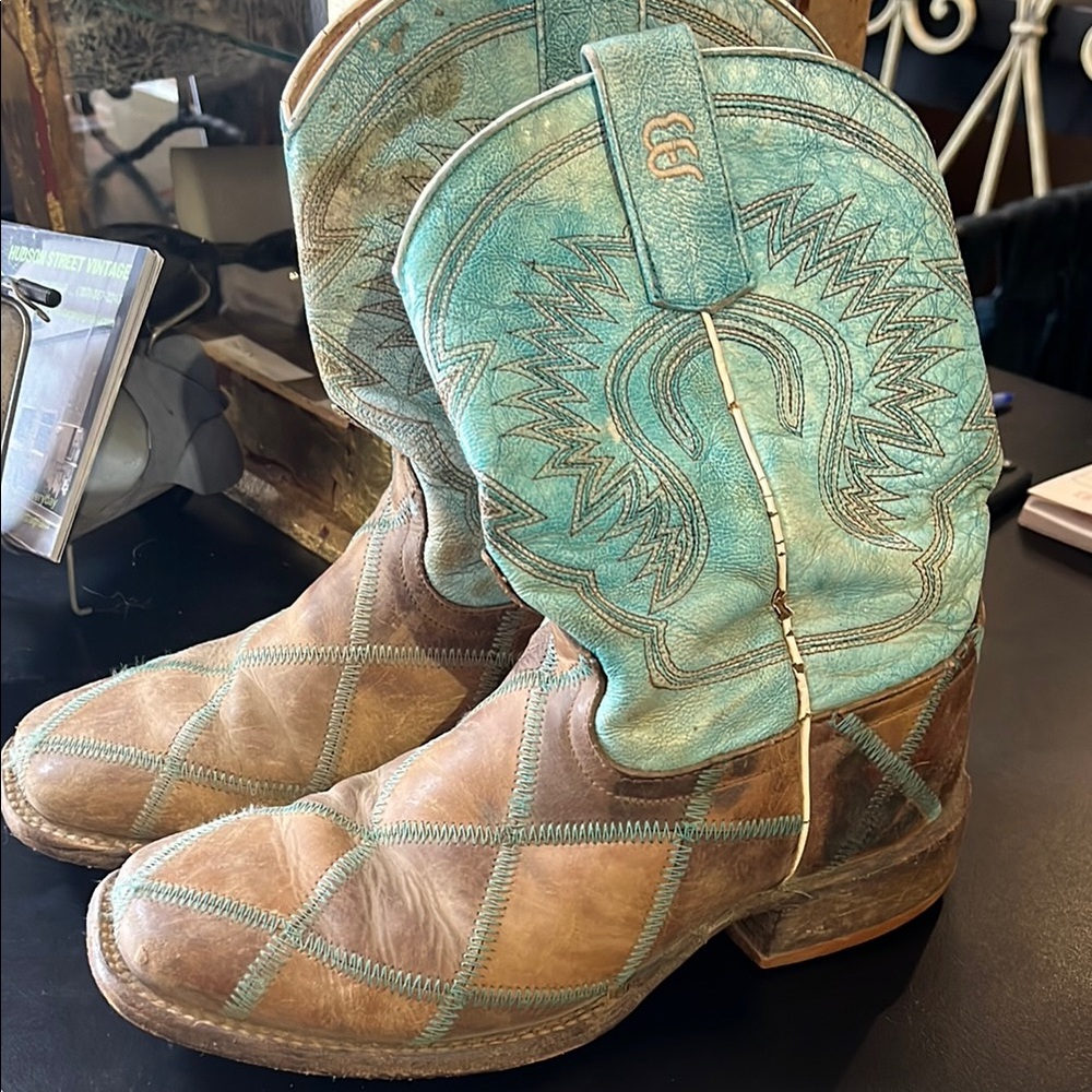 Rustic Turquoise and Brown Western Boots youth size 2 Anderson Bean